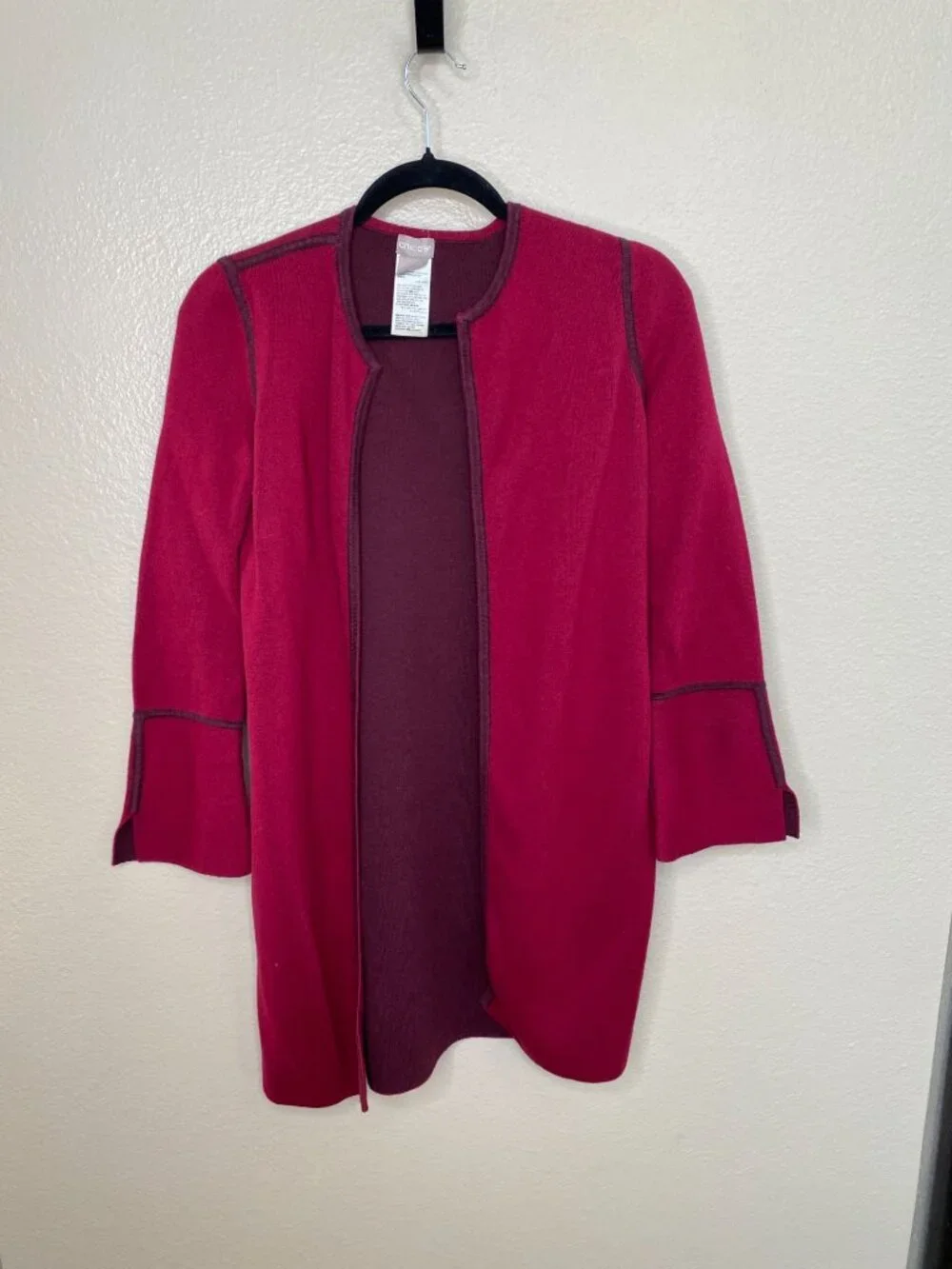Chicos Womens Open Front Cardigan Size S Ruby Red Knit Jacket Cotton Reversible - Picture 2 of 6